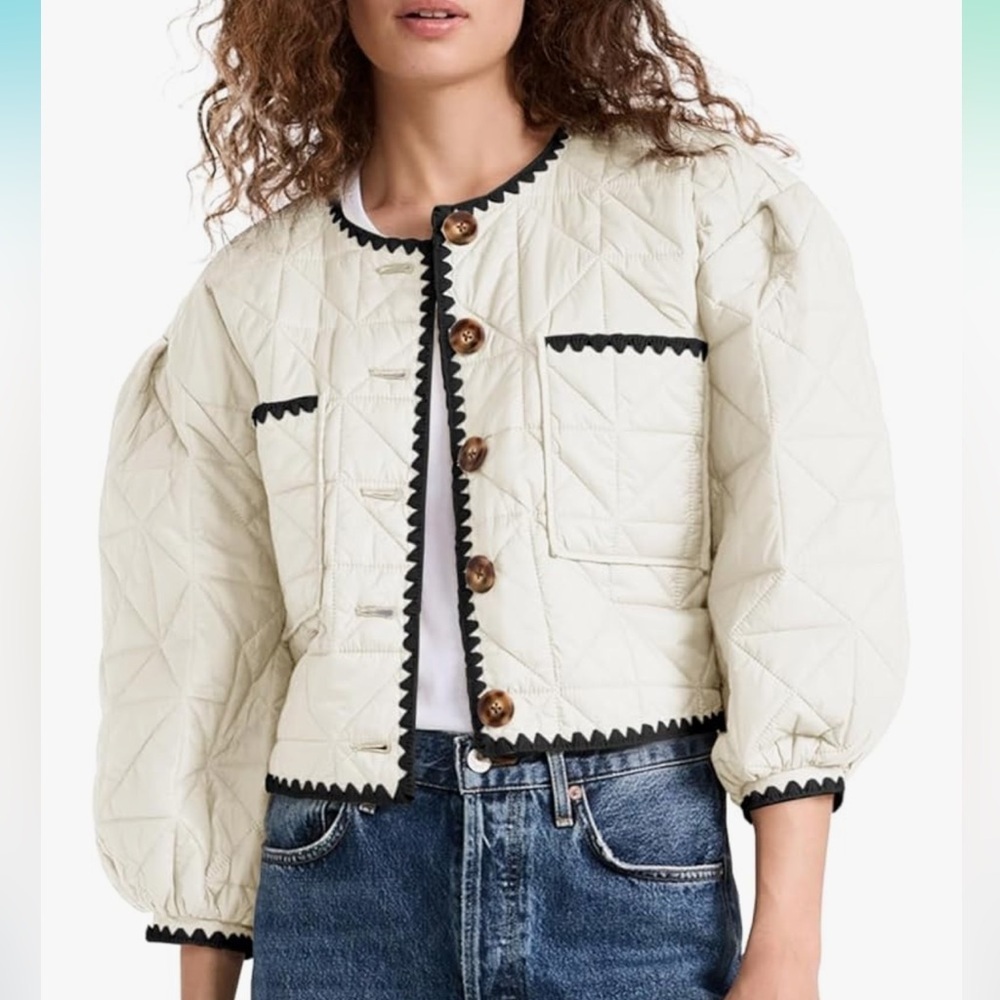 New! Cropped Quilted Jacket Winter Lightweight Puff 3/4 Sleeve Button Down Large